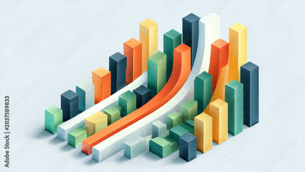 Fototapeta premium Colorful 3D Bar Chart with Curved Data Lines in Bright Palette for Business Analysis