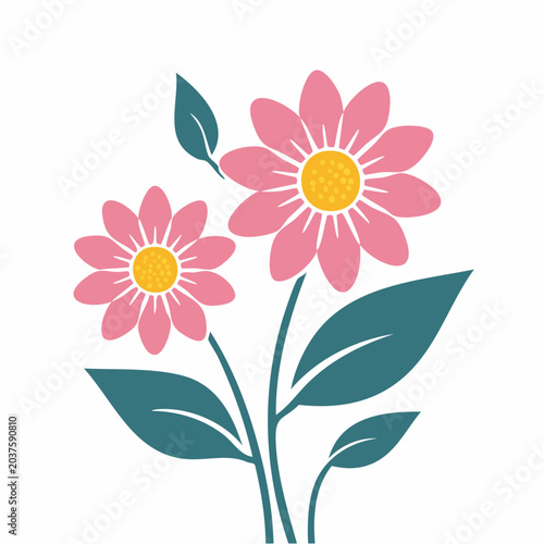 Stylized Pink Daisy Flowers with Green Leaves