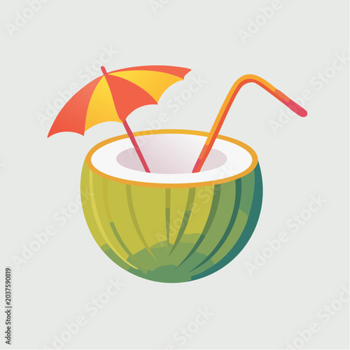 Tropical Coconut Drink with Umbrella and Straw