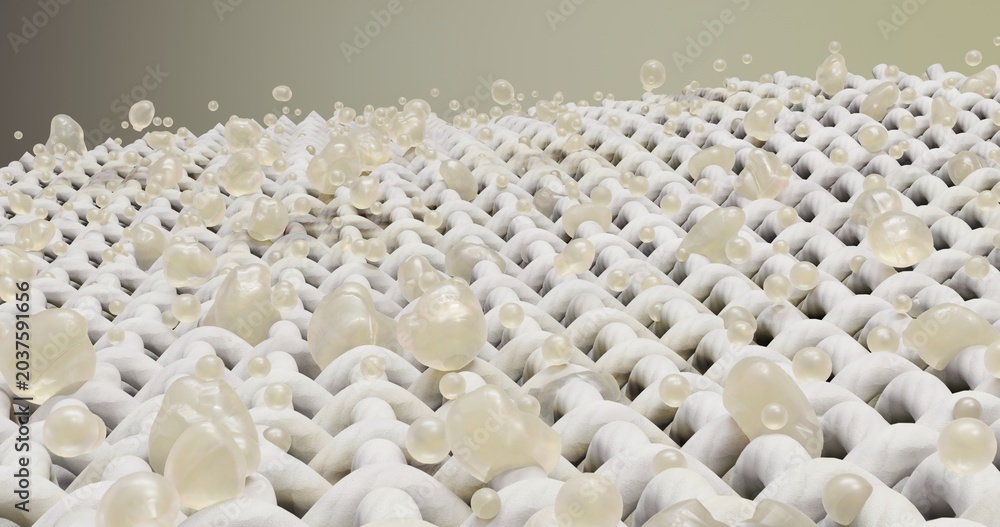 Obraz premium 3d illustration of contamination of textile fibers by bacteria. A close-up shows the relief structure of the intertwined fabric. Bulky microscopic particles are located on the surface and between the 
