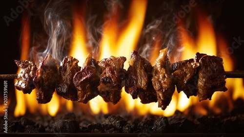 skewers. Sizzling meat skewers on a charcoal grill with glowing embers and rising smoke, evoking a rustic outdoor feast. menu design.