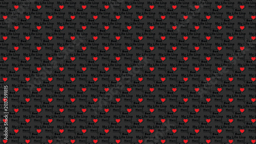 Black cat silhouettes with red hearts arranged in repeating grid on dark background creating abstract decorative romantic composition