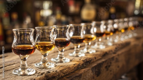 digestif. Small crystal glasses with amber liqueurs on a rustic wooden bar counter. bar promotions, beverage menus, designed for food & beverage menus and cafe branding, elevates brand perception.