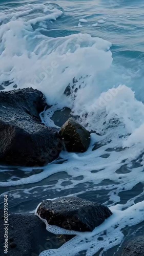Serene Coastal View with Waves Crashing on Dark Rocks and Foamy Water at Twilight
