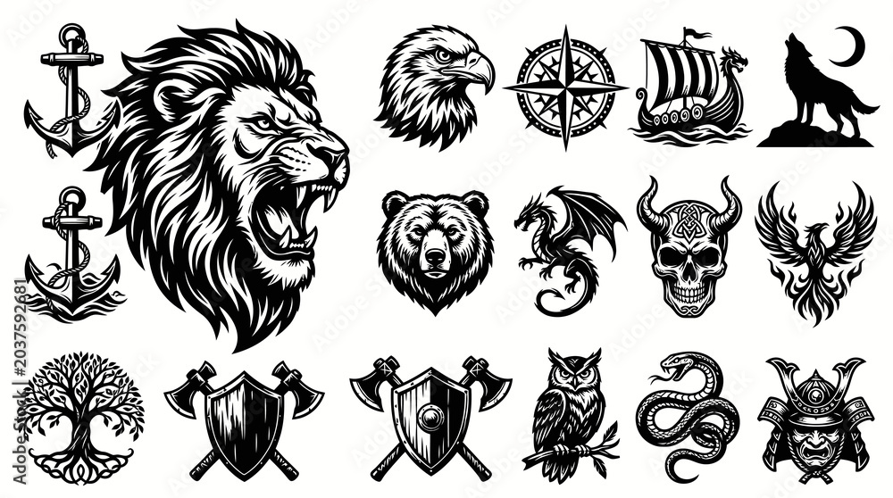 Obraz premium Engraving Style Vector Icons: Ancient Symbols, Mythological Animals, Heraldic Emblems for Fantasy Tribal Design