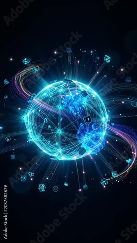 Futuristic Digital Globe Surrounded by Blue Light with Data Streams and Network Connections