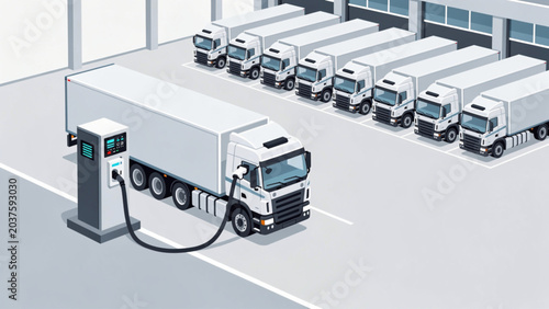 Electric truck charging station with multiple white trucks in a modern industrial setting