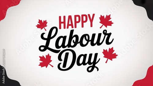 Happy labour day text with red maple leaves on white background