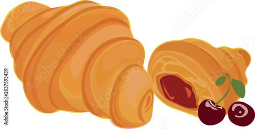 Картината върху платно Croissant with crispy crust and cherry cream illustration