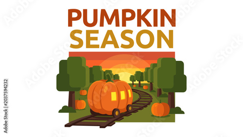 Tableau sur toile Pumpkin Season Express: A whimsical illustration depicts a giant pumpkin car traveling down a railway track, surrounded by autumnal trees and smaller pumpkins, under a warm sunset sky
