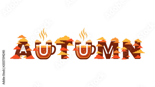 Obraz na płótnie Autumn Brew: The word Autumn is creatively designed with warm, earthy tones, featuring two steaming mugs of hot beverage at the center, evoking cozy seasonal feelings