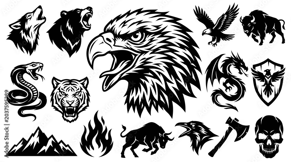 Obraz premium Bold Black and White Vector Art Set: Powerful Wildlife, Mythology, and Symbolic Graphic Design Elements