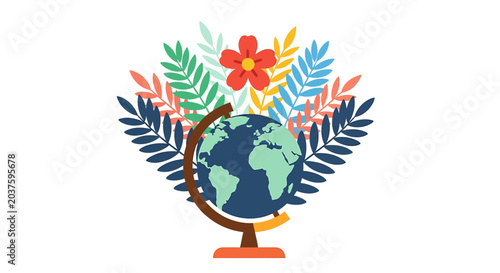 Earth globe with vibrant leaves and a red flower symbolizing environmental care.