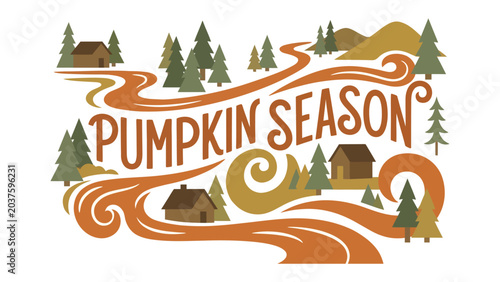 Quadro su tela Autumn Splendor: A whimsical illustration captures the essence of pumpkin season with rolling hills, quaint cabins, winding paths, and abundant evergreen trees, evoking a sense of cozy autumn charm
