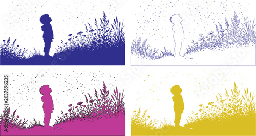 Foto Child silhouette looking up at the sky, a hopeful and curious young boy in a fie