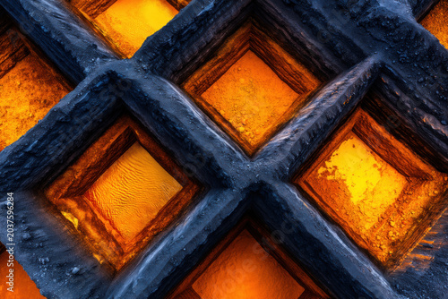 Abstract texture lattice metal glowing orange rare earth minerals behind charred metal lattice abstract texture background with warm orange glow