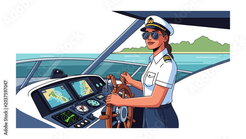 Schilderij op canvas Yacht Captain in Command: A confident woman, dressed in a captain's uniform and sunglasses, steers a luxury yacht with a serene ocean and tropical coastline in the background