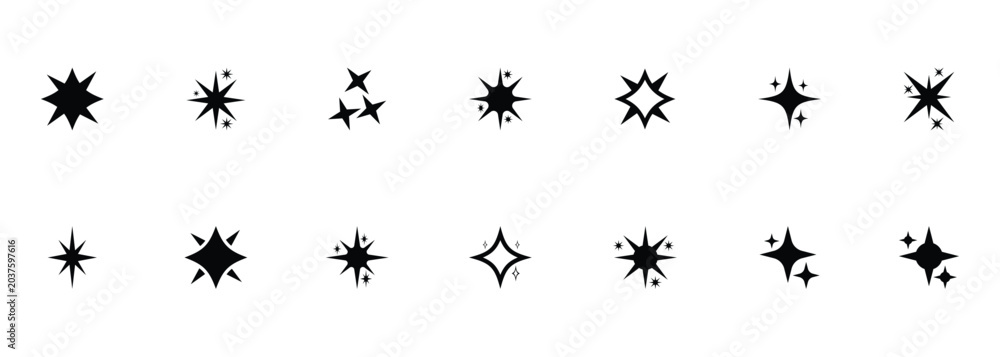 Fototapeta premium Black and white sparkle vector icon set. Graphic sparkle effect used in luxury branding, celebratory designs, and on-screen special effects. Vector illustration.