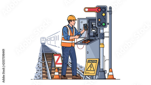 Railway Signal Maintenance: A vigilant railway worker in high-visibility attire meticulously inspects and maintains a signaling system on train tracks, ensuring safe passage for trains.