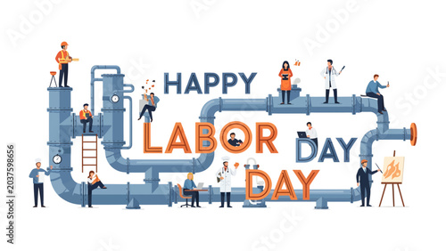 Tableau sur toile Happy Labor Day: Diverse professionals engage in various activities atop an industrial pipe system, celebrating Labor Day with joy and a sense of accomplishment