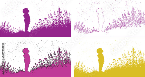 Quadro su tela Child silhouette looking up at the sky, a vector illustration set, with a young