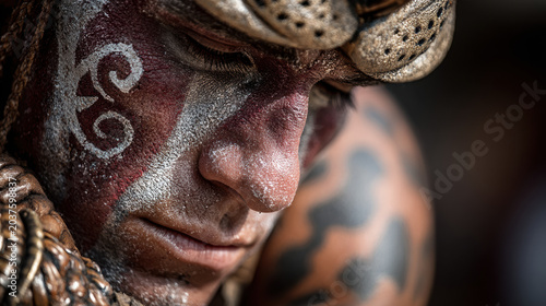 Close-up portrait of a man wearing elaborate tribal face paint and jaguar skin costume during a cultural ceremony or festival.