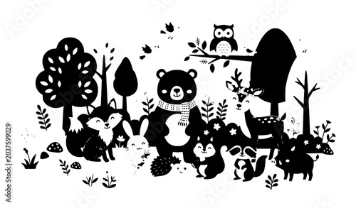Photography Forest wild animals and trees silhouette scene vector illustration