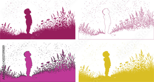 Tableau sur toile Child silhouette looking up at stars, a dreamy vector illustration set