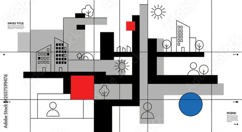 Abstract Cityscape Design with Geometric Shapes and Icons