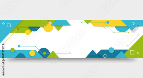 Geometric Abstract Banner: Blue, Green, Yellow Shapes, Technology Design