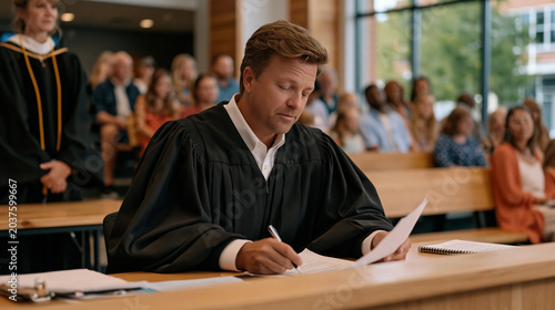 Municipal court judge in black robe reviewing pretrial motions during busy summer docket morning as bailiff stands beside defendant table and spectator benches fill with families .ultra photorealism