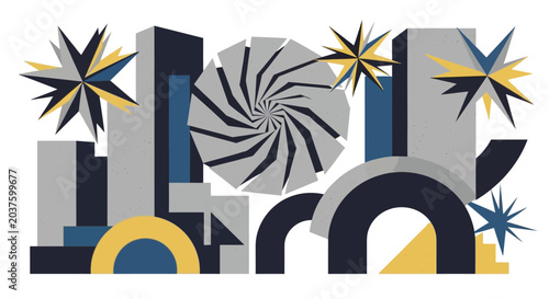 Geometric Abstract Shapes, Stars, Archways, Modern Digital Art