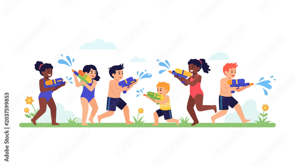 Fototapeta premium Summer Fun: Children enjoying a lively water gun fight on a sunny day, surrounded by green grass and playful flowers.