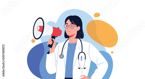 Professional female doctor in a white coat and glasses speaking through a megaphone to spread health awareness against a colorful background.