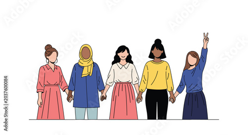 Group of diverse women from different cultures stand together and hold hands in a show of unity and female empowerment.