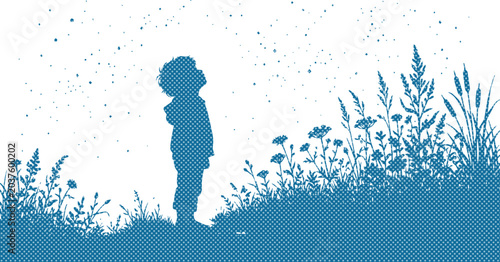 Foto Child looking up at the sky, a silhouette of a young boy standing in a field of