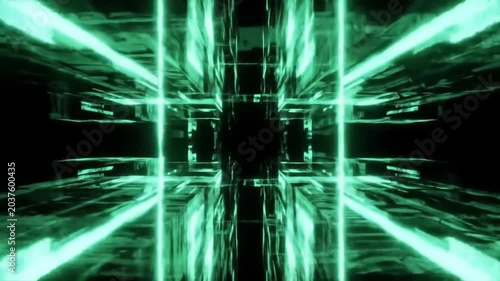 Abstract digital data tunnel animation with green light rays effect