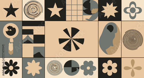 Abstract geometric patterns, retro design, minimalist shapes, beige, black, grey