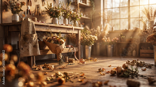Sunlit rustic florist workshop with a handtied bouquet on a wooden floor, scattered petals, tools and apron, evoking craftsmanship, warm atmosphere and natural floral beauty in an artisan studio.
