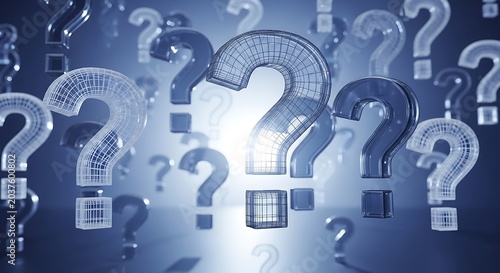 Floating Wireframe Question Marks in Blue Gradient Background