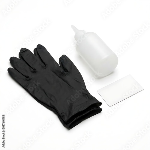 Creative Studio Hygiene Branding Mockup with Blank Card Nitrile Gloves and Squeeze Bottle
