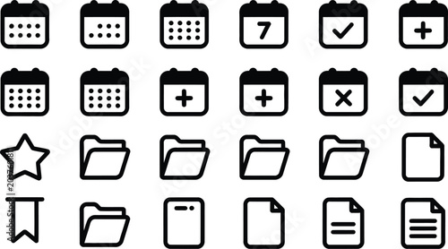 Calendar and office document organizer line icon set containing schedule events folders file pages favorite star and bookmark symbols.