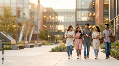 Indian University Students Walking and Talking on Modern Campus