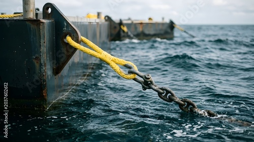 Heavy-duty yellow rope and robust chain link creating a secure industrial connection for a marine platform on turbulent ocean, highlighting essential maritime strength