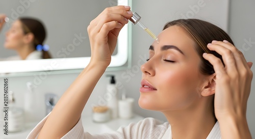 Woman Applying Facial Serum in Front of Mirror