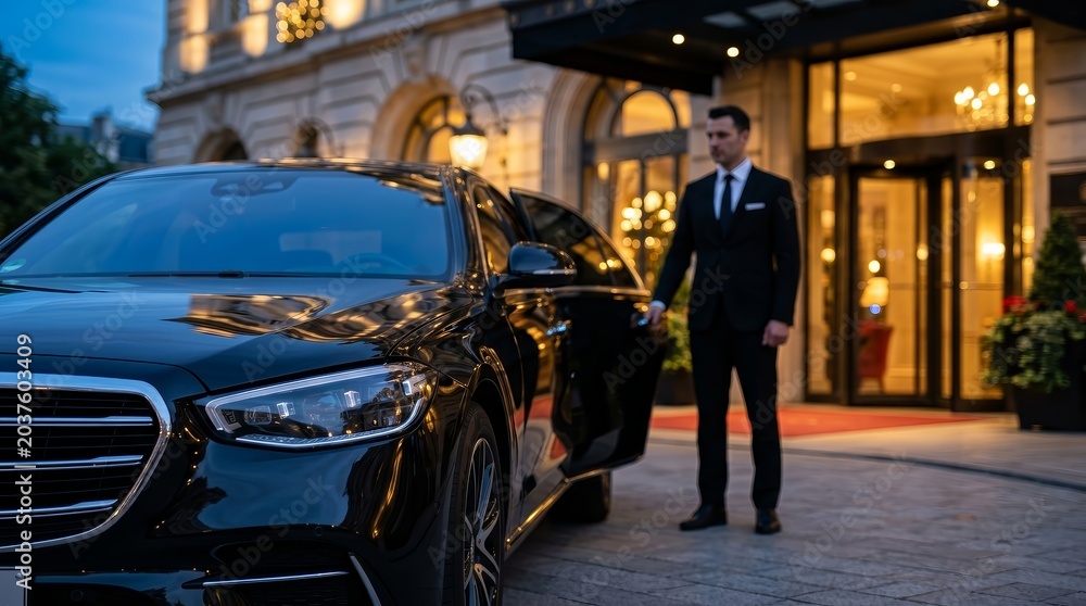 Fototapeta premium Luxury chauffeur service with a black sedan and driver outside a grand hotel.