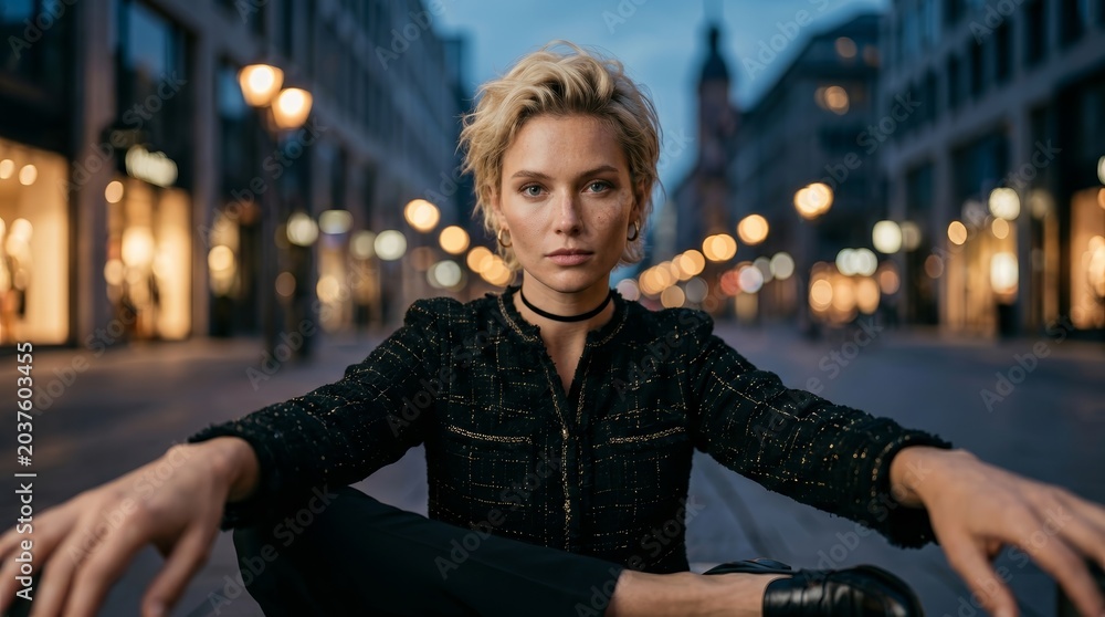Fototapeta premium Empowered woman with short blonde hair embodying career milestones and personal strength.