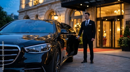 Luxury chauffeur service with a black sedan and driver outside a grand hotel.