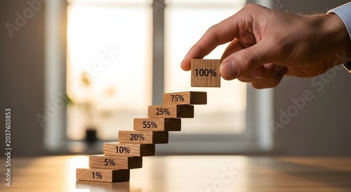 Hand placing 100% block on stair-step blocks with percentages