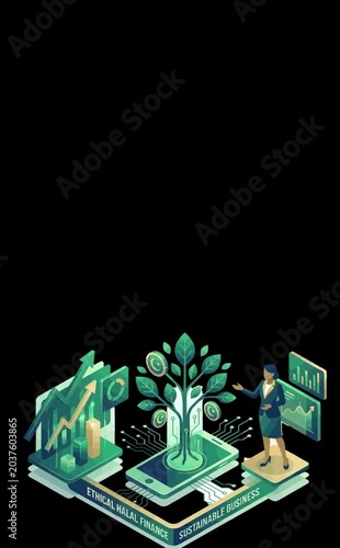 Isometric Illustration of Ethical Halal Finance and Sustainable Business featuring a Digital Tree, Financial Charts, and a Professional Presenter